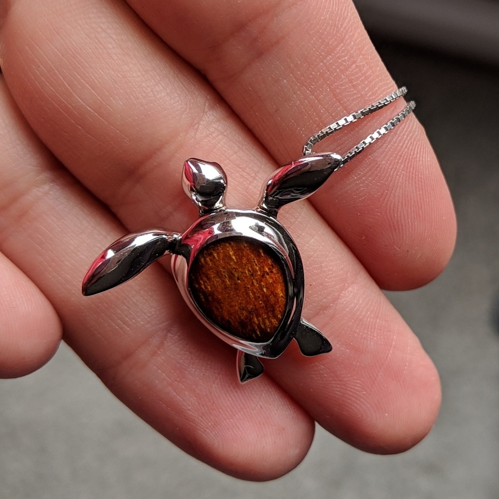 Silver and koa wood turtle necklace